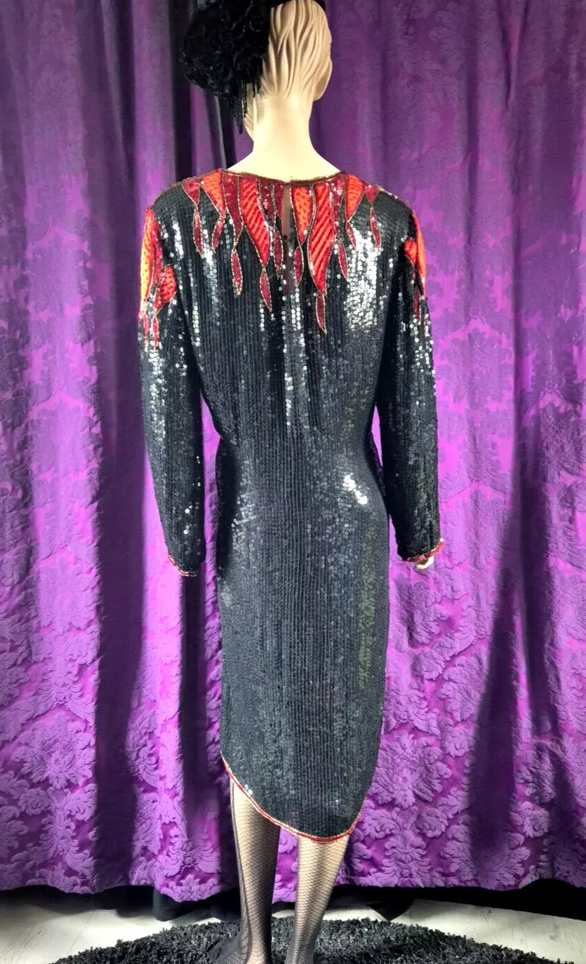 Vintage 1980s Hilary Floyd Sequin Satin Flames Dress