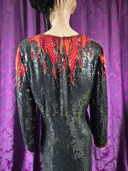 Vintage 1980s Hilary Floyd Sequin Satin Flames Dress