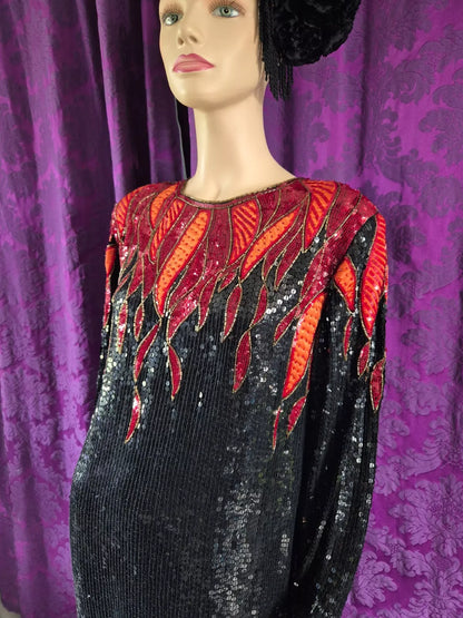 Vintage 1980s Hilary Floyd Sequin Satin Flames Dress