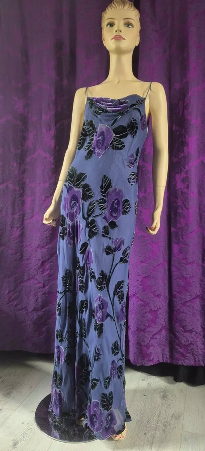 Vintage Y2K MONSOON Silk & Velvet Devorré Lavender Floral Bias Slip Dress