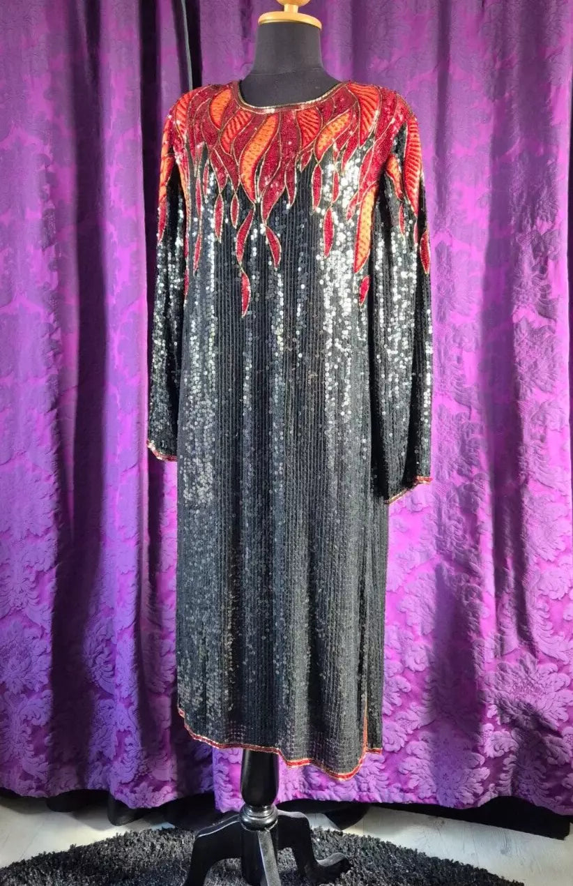 Vintage 1980s Hilary Floyd Sequin Satin Flames Dress