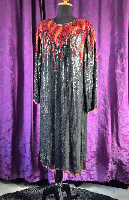 Vintage 1980s Hilary Floyd Sequin Satin Flames Dress