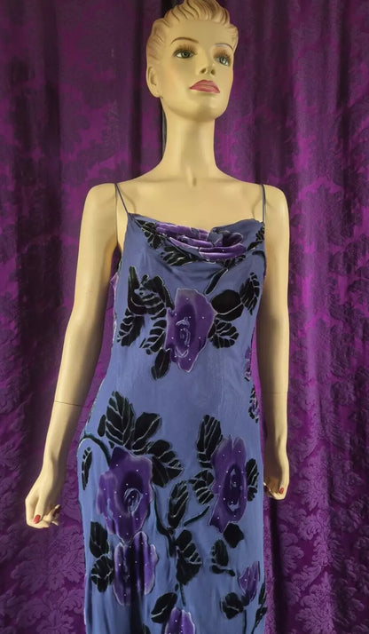 Vintage Y2K MONSOON Silk & Velvet Devorré Lavender Floral Bias Slip Dress
