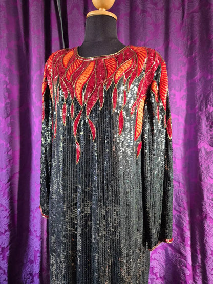 Vintage 1980s Hilary Floyd Sequin Satin Flames Dress