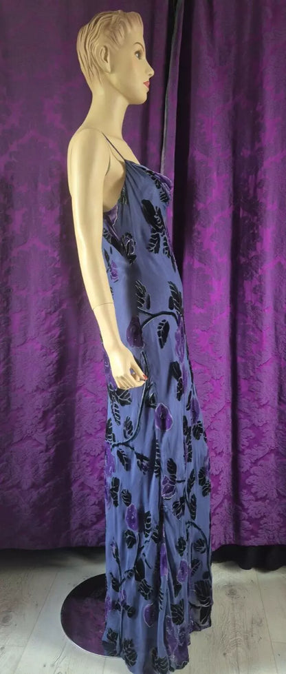 Vintage Y2K MONSOON Silk & Velvet Devorré Lavender Floral Bias Slip Dress