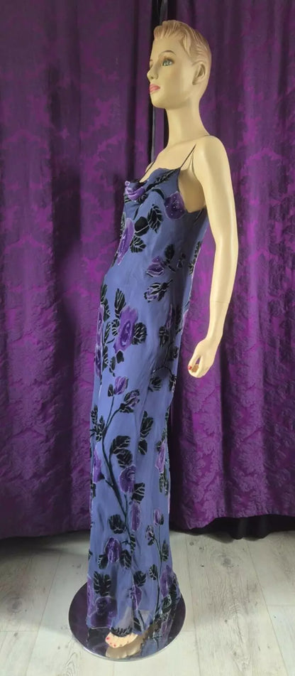 Vintage Y2K MONSOON Silk & Velvet Devorré Lavender Floral Bias Slip Dress