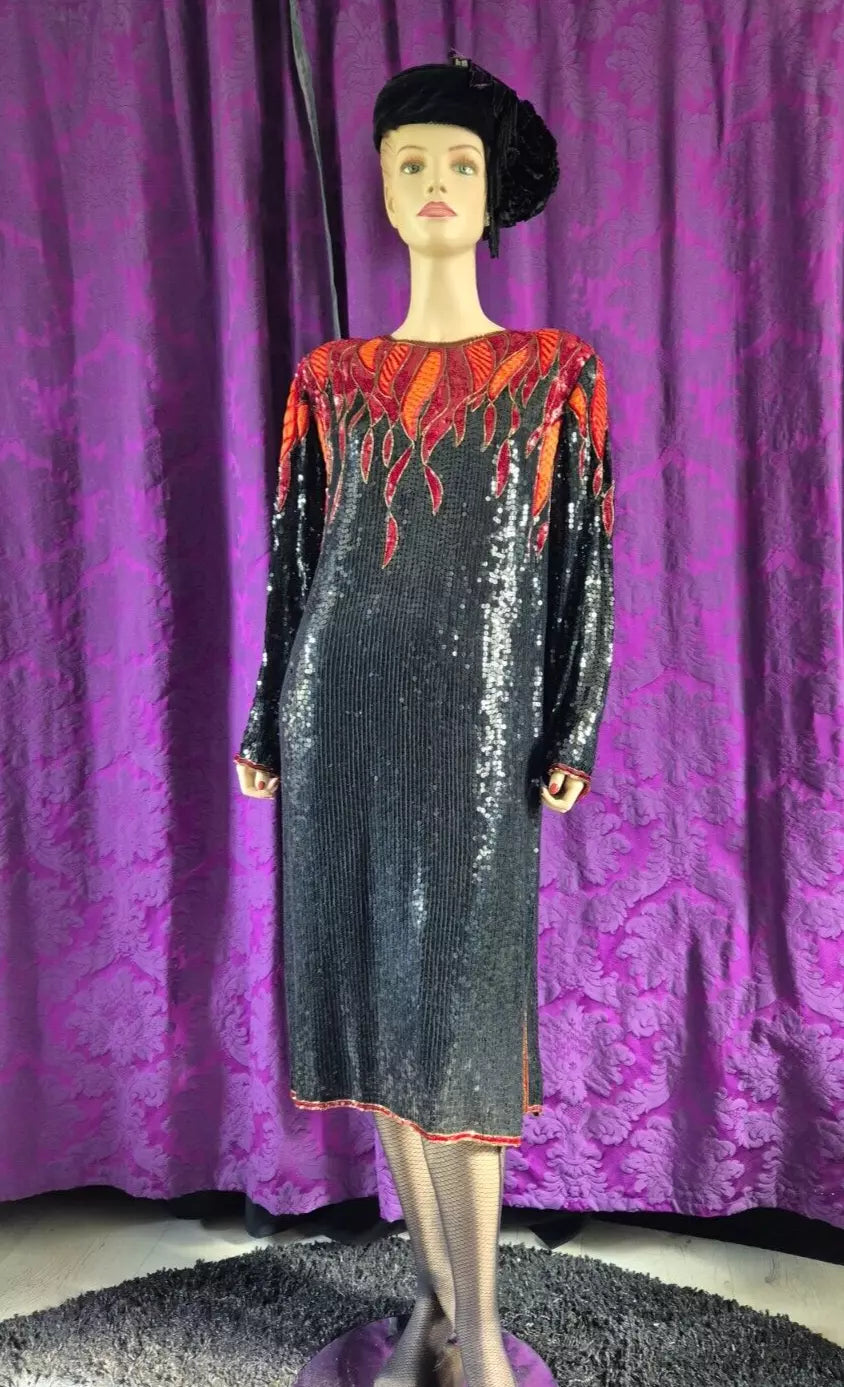 Vintage 1980s Hilary Floyd Sequin Satin Flames Dress