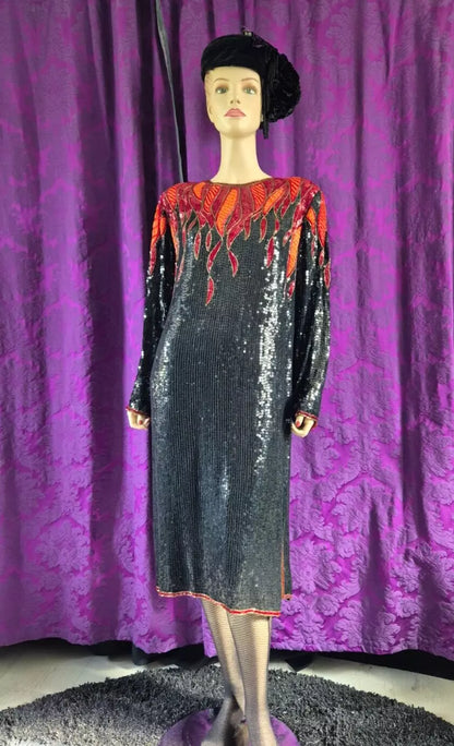 Vintage 1980s Hilary Floyd Sequin Satin Flames Dress