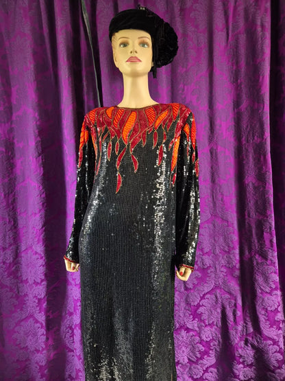 Vintage 1980s Hilary Floyd Sequin Satin Flames Dress