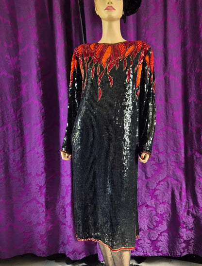 Vintage 1980s Hilary Floyd Sequin Satin Flames Dress