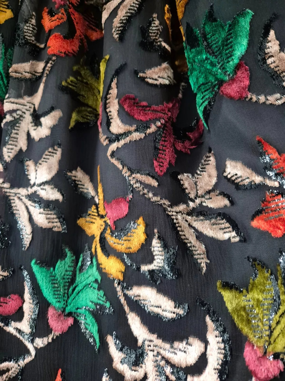 Vintage Ingrid Muhlhofer Silk Velvet Devorré Autumn Leaf Motif Skirt