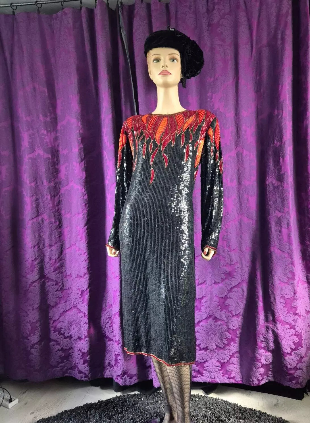 Vintage 1980s Hilary Floyd Sequin Satin Flames Dress