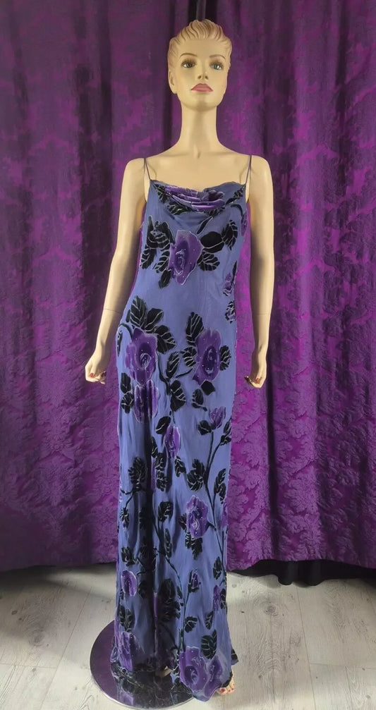 Vintage Y2K MONSOON Silk & Velvet Devorré Lavender Floral Bias Slip Dress