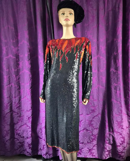 Vintage 1980s Hilary Floyd Sequin Satin Flames Dress